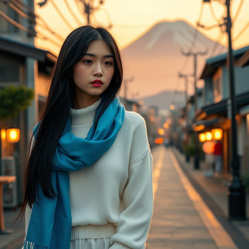 Serene Japanese Woman in a Dreamy Sunset Scene