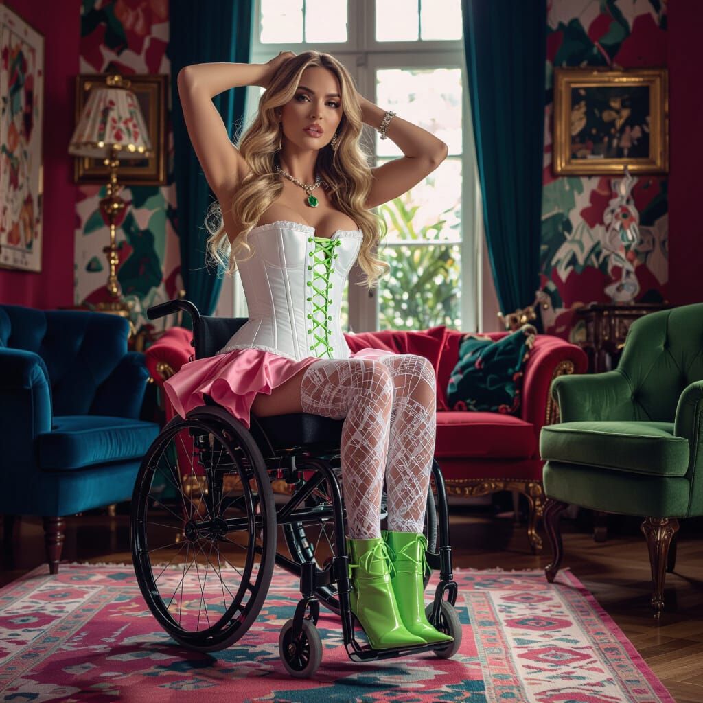 Confident Woman Poses in Corset and Wheelchair