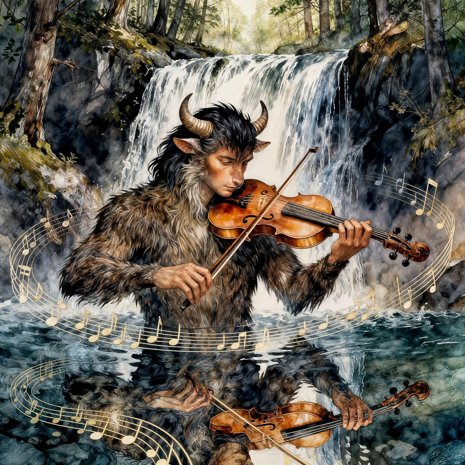 Hairy Musician Plays Violin in Forest Waterfall