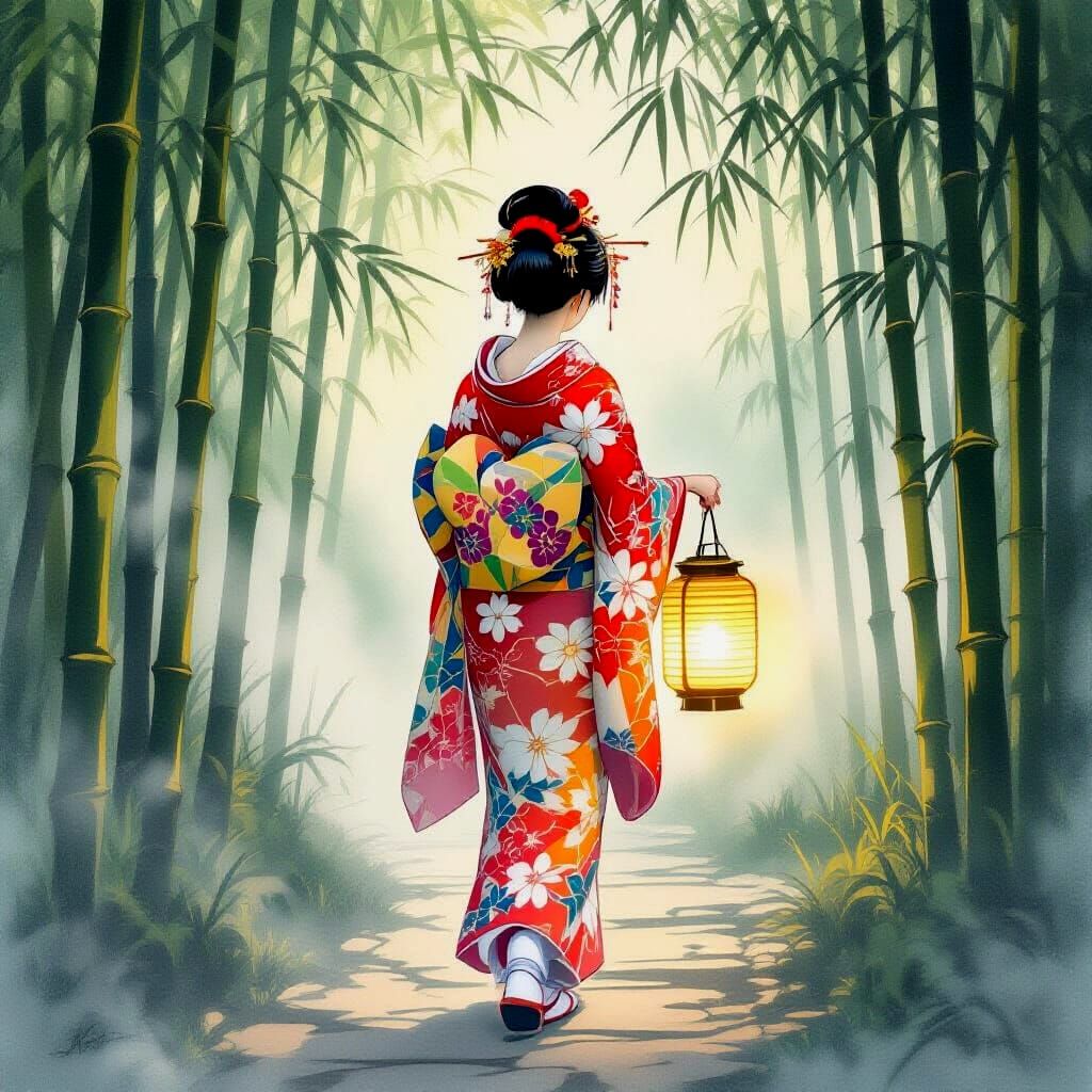 Geisha in Misty Bamboo Forest Holding Lantern
