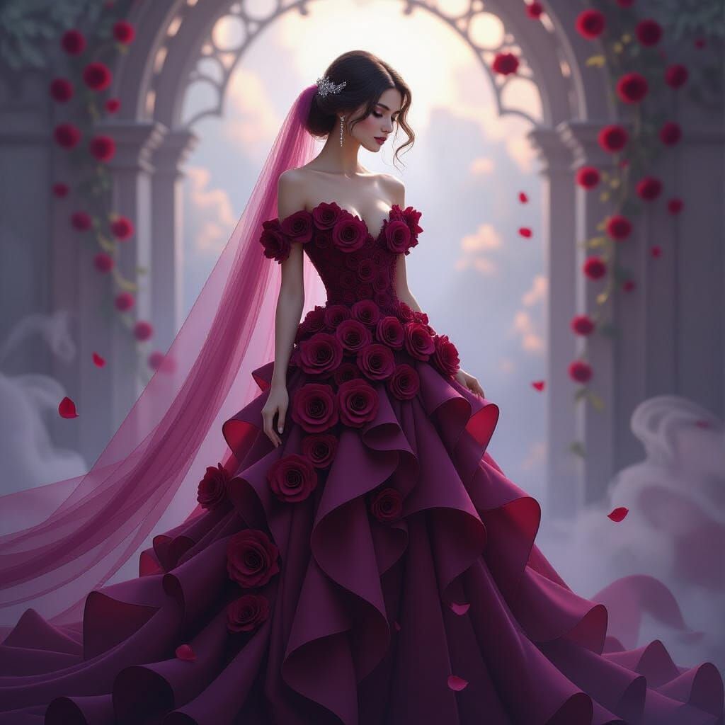 A whimsical and elegant women's dress poem, made of burgundy...