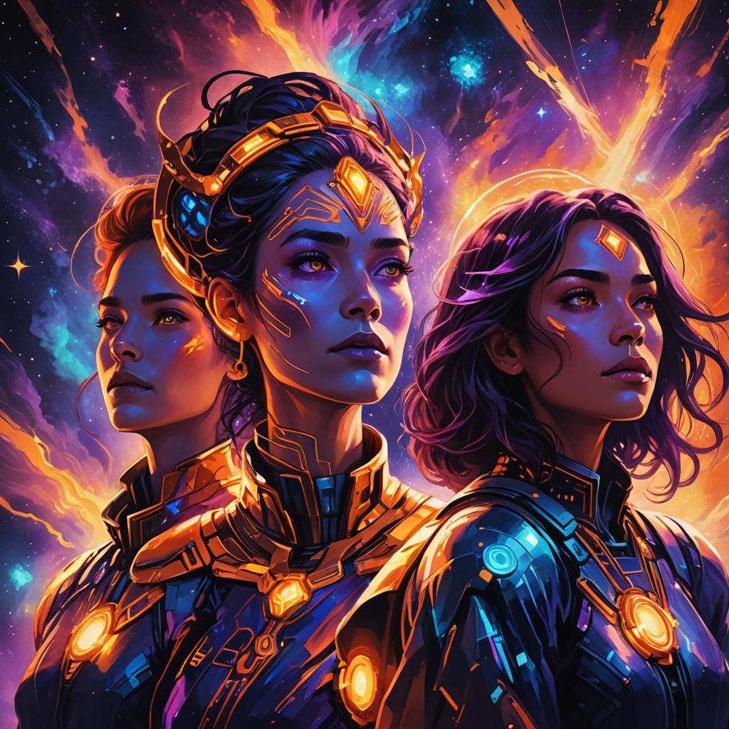 Cosmic Sci-Fi Portrait of Powerful Star Gazers