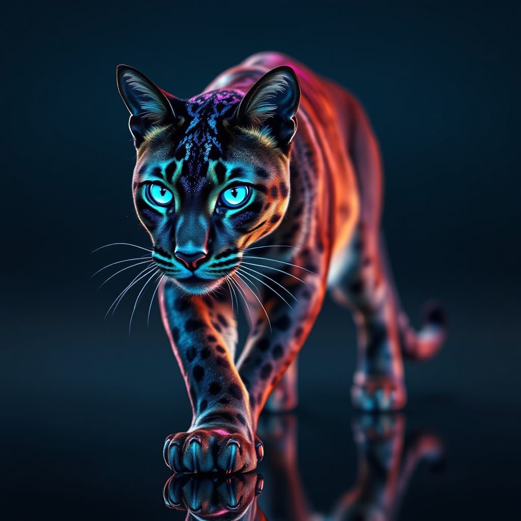 Iridescent Panther with Glowing Eyes in Futuristic Style