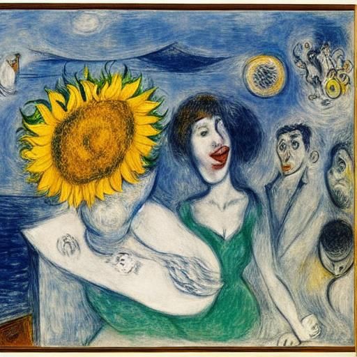 Surreal Musical Scene with Seagull and Sunflower