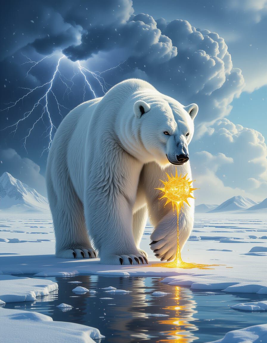 Mythical Polar Bear with Storm Cloud Head Carries Burning Su...