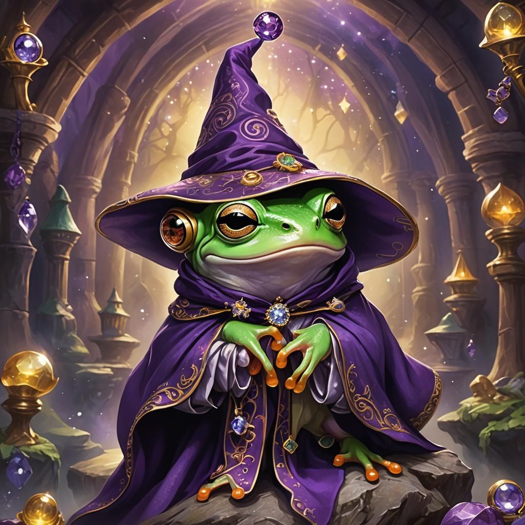 Frog Wizard in Hogwarts Cavern, Beatrix Potter Style