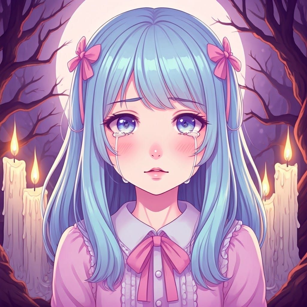 Surreal Kawaii Girl in Haunting Moonlit Forest Scene
