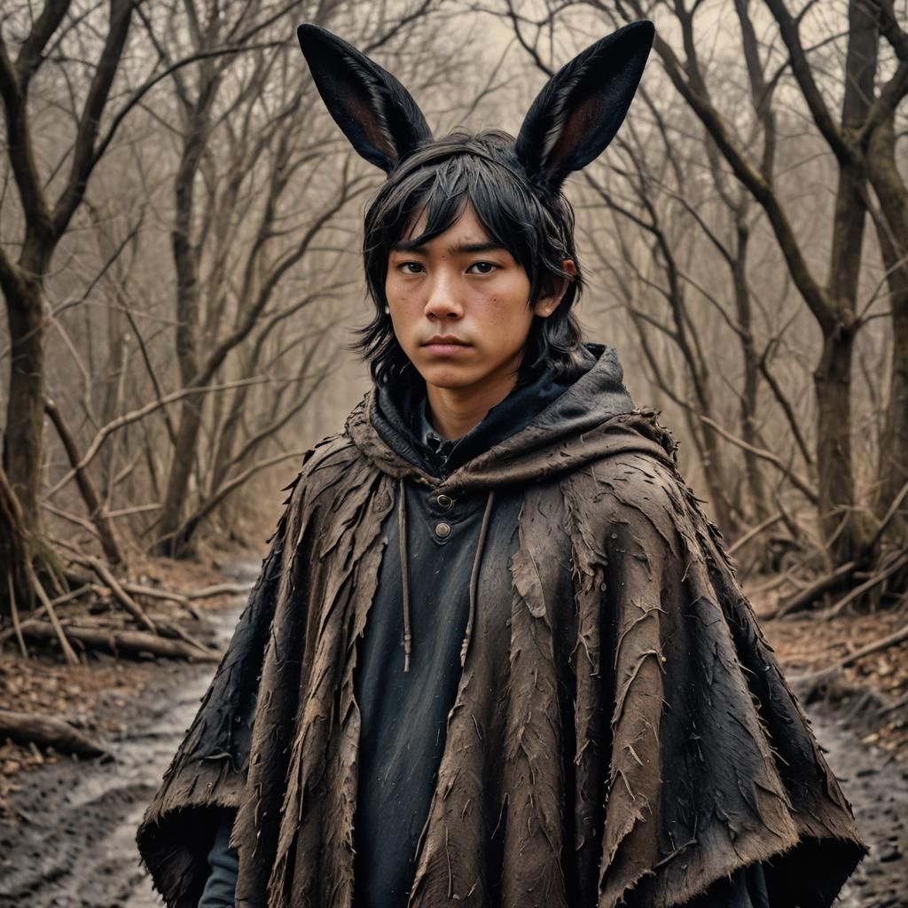 Boy with Rabbit Ears in Animal Pelt Poncho