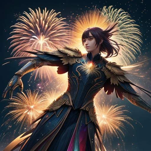 Anime Phoenix with Broken Wing in Fireworks Display