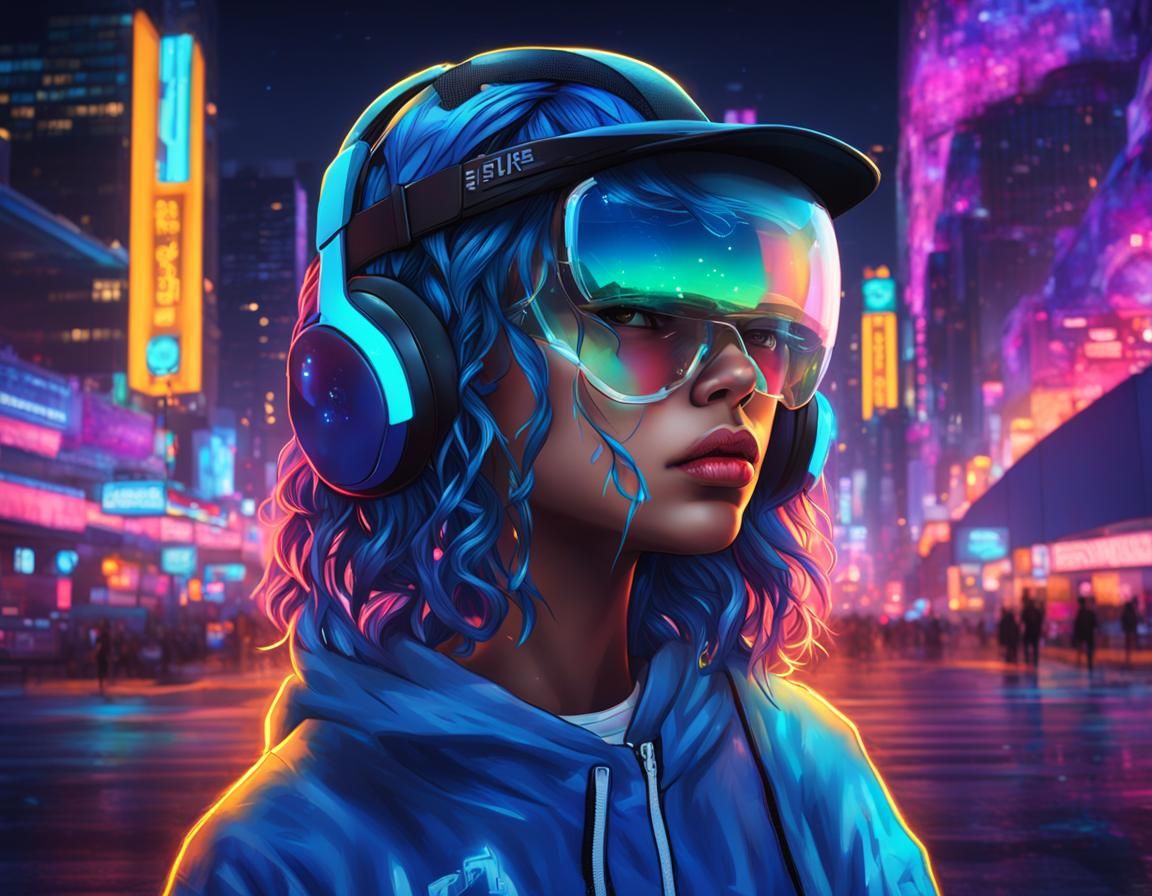 Cyberpunk Girl with Blue Hair in Neon City