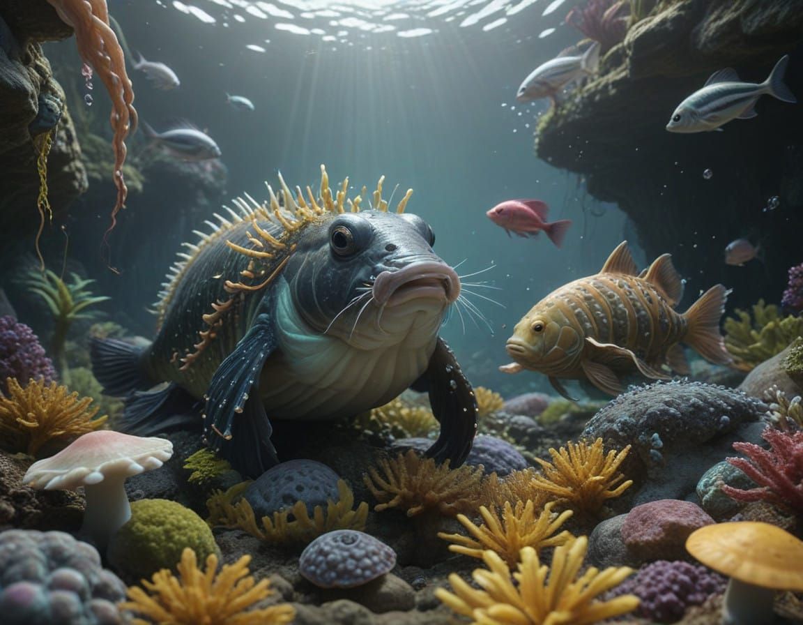 Surreal Underwater Scene with Beige, Pink, and Green Creatur...