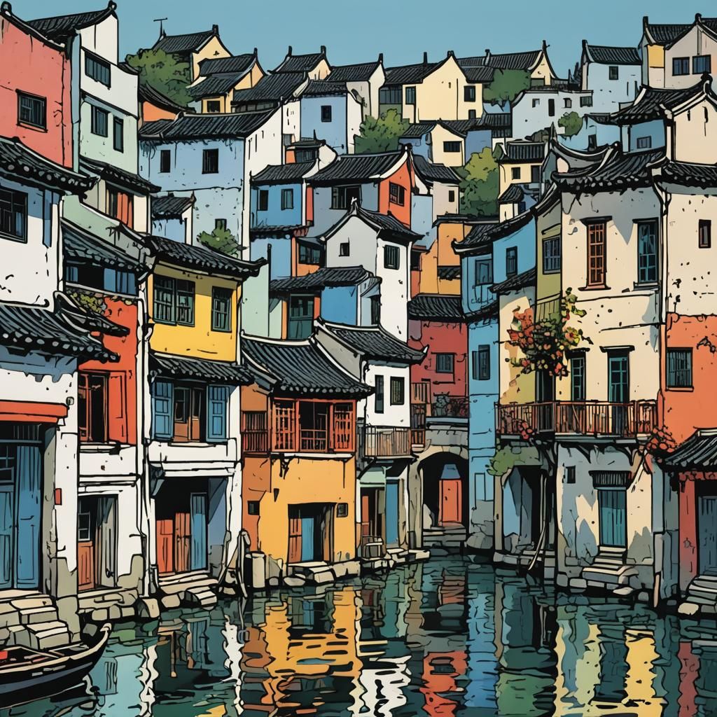 Abstract Jiangnan Water Town in Matisse Colors
