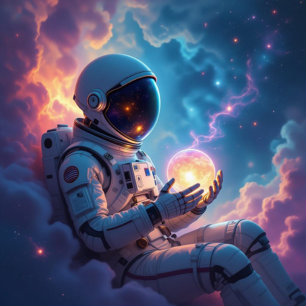 Skeleton Astronaut with Planet in Nebula
