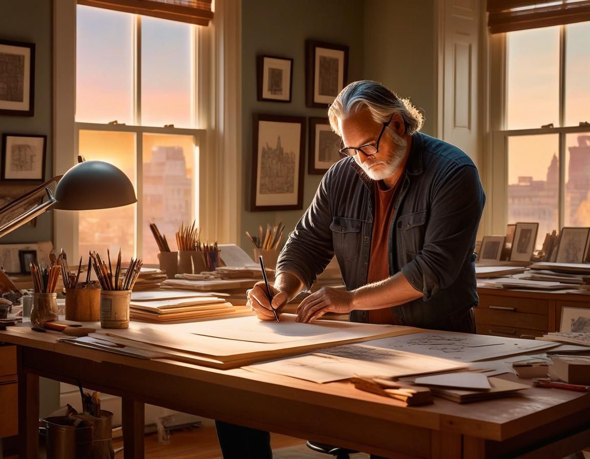 Architect Immersed in Design at Drafting Table