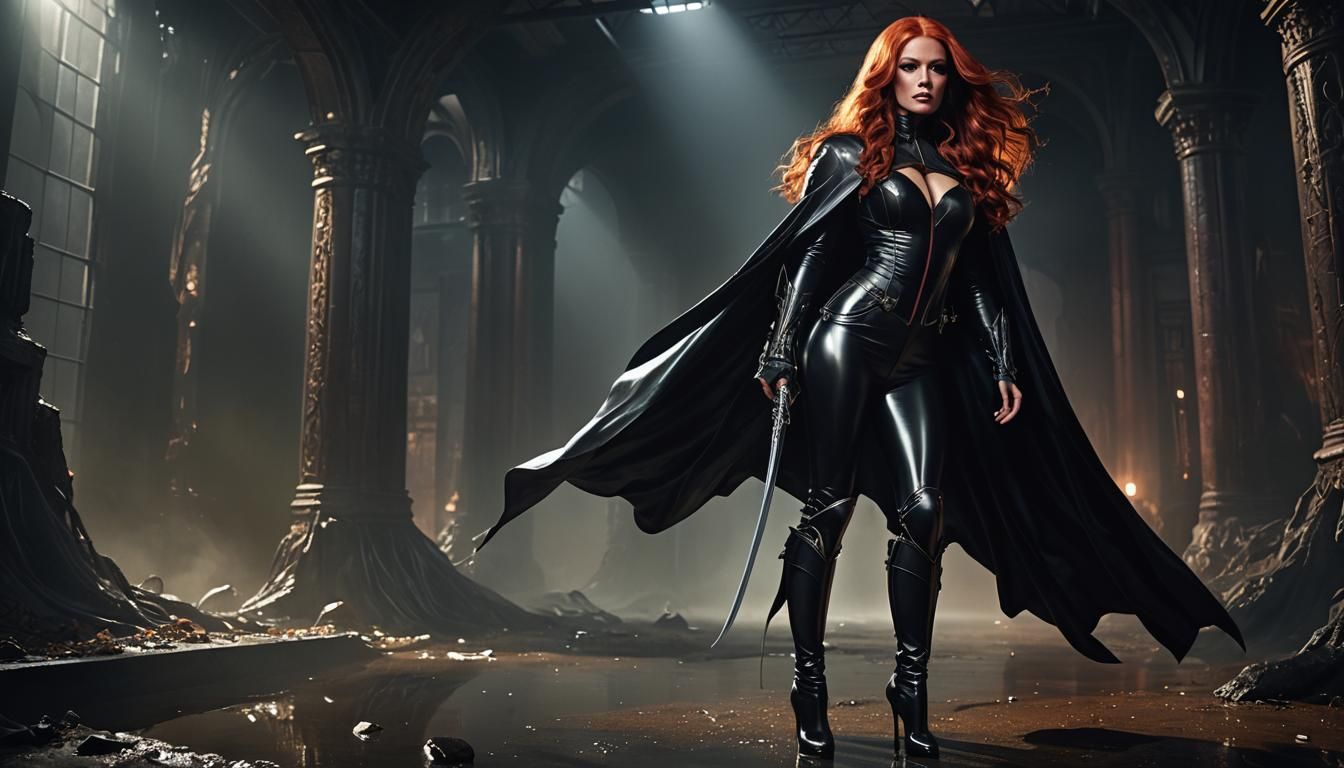 Woman with Red Hair in Latex, Art Nouveau Style