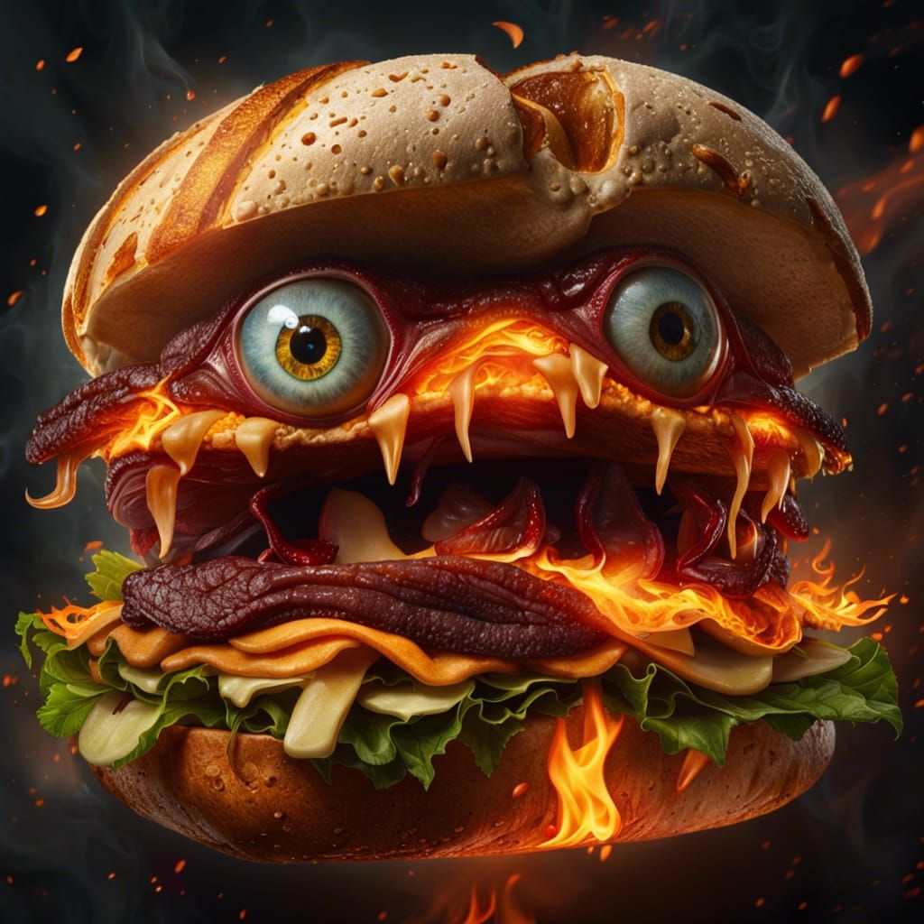Sinister Sandwich Monster in Flames: Hyperrealistic Art