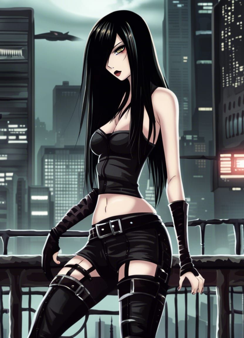 Anime Vampire in Cyberpunk Cityscape