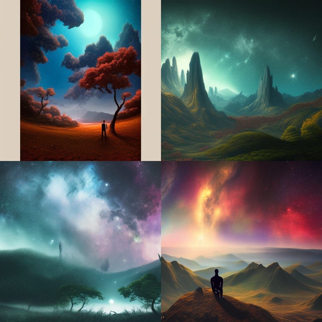 Man Gazing at Galaxy with Curved Trees