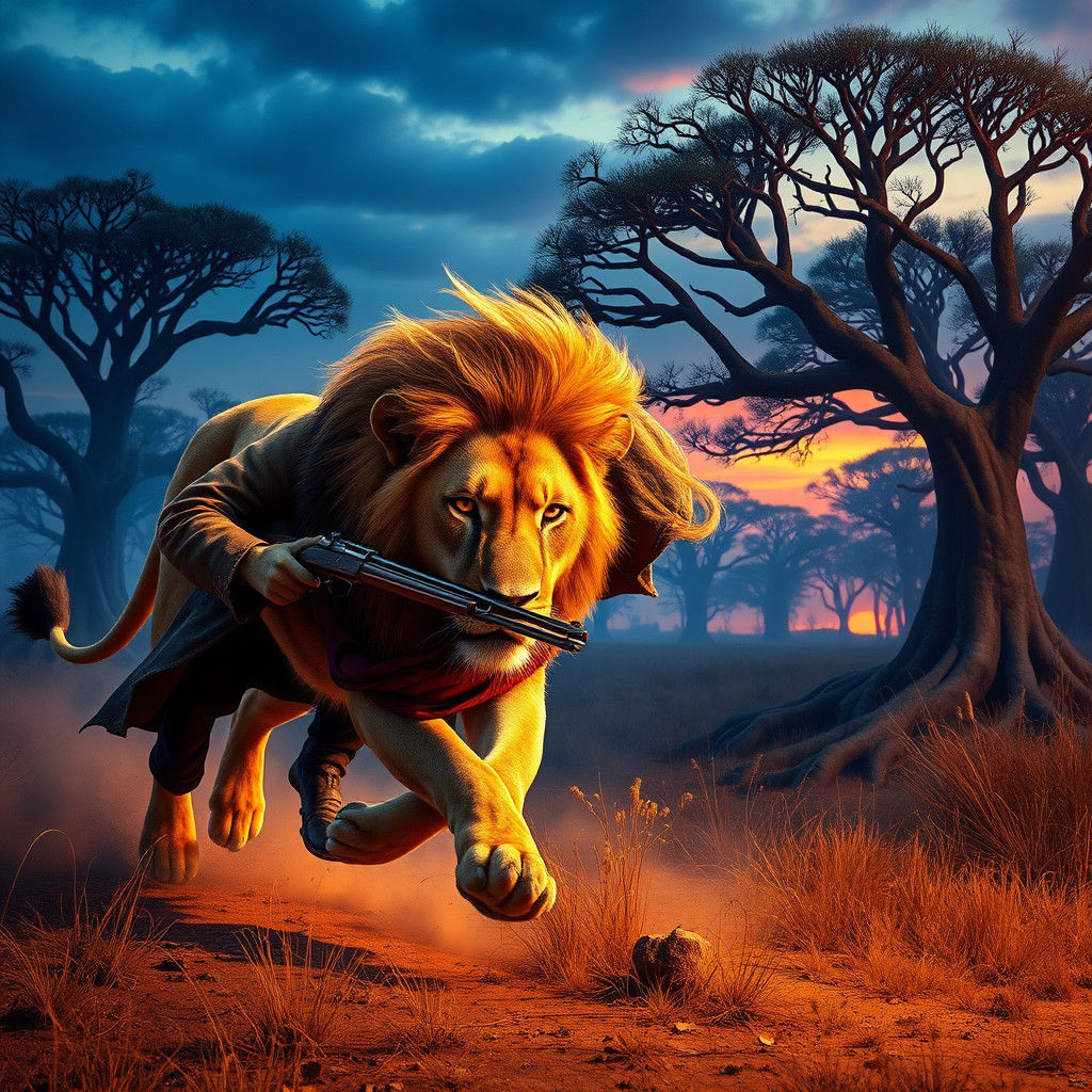 Lion Hunt on the Savannah: Dramatic Matte Painting
