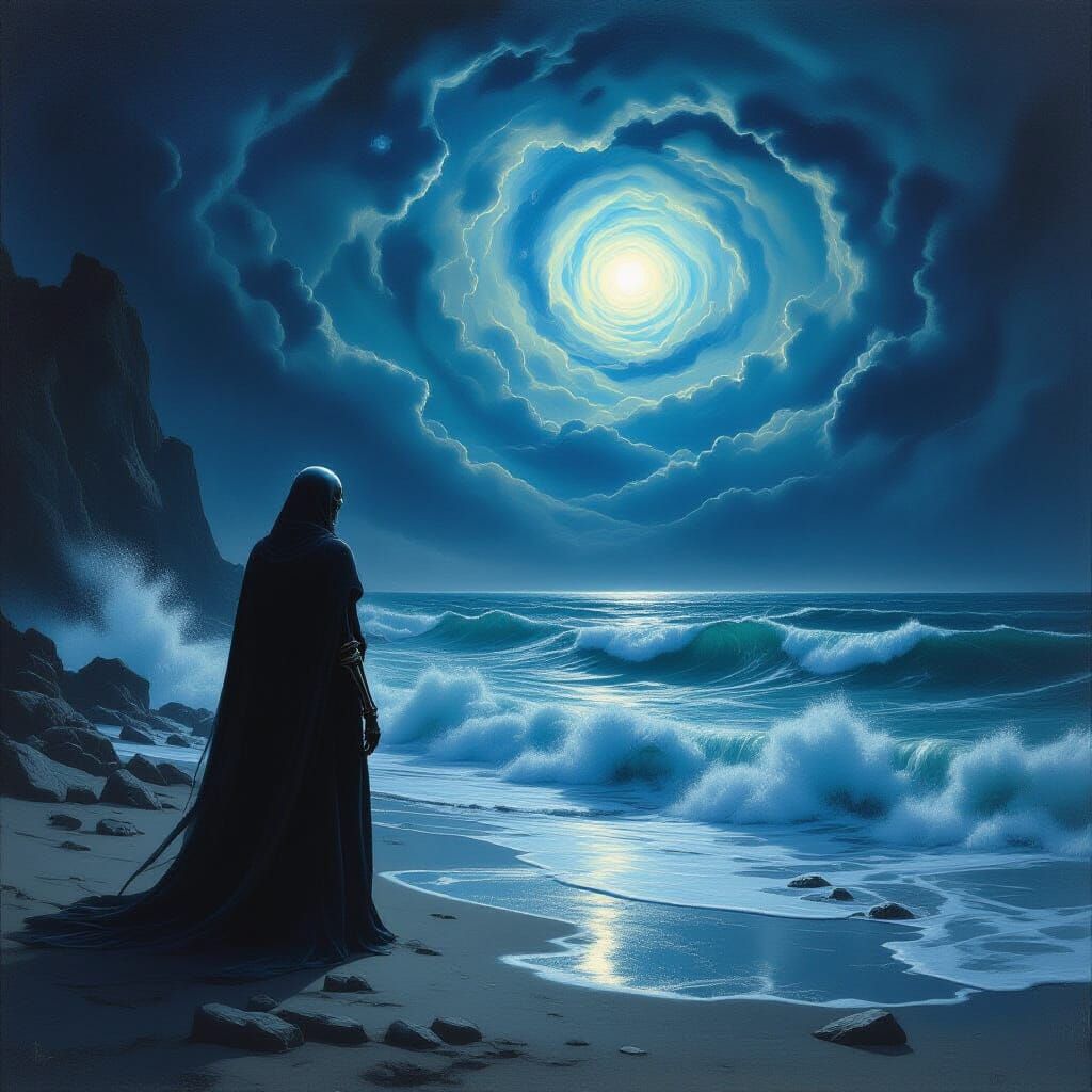 Skeleton Gazes at Cosmic Sea Under Nebula Sky