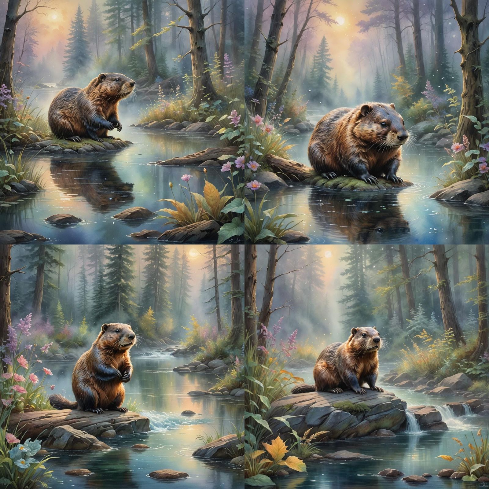 Pastel Beaver Watercolor Painting in Ethereal Fantasy Style