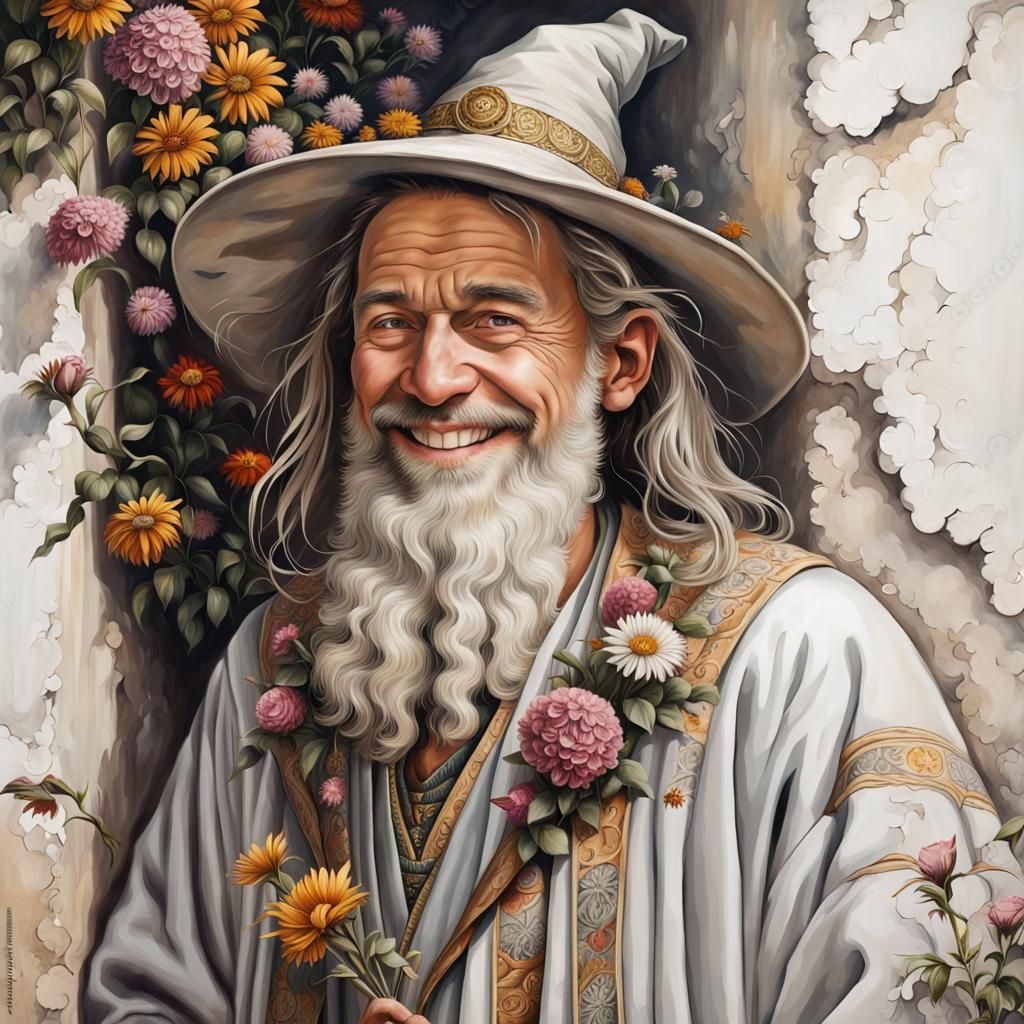 Smiling Wizard in Hyperrealistic Street Art
