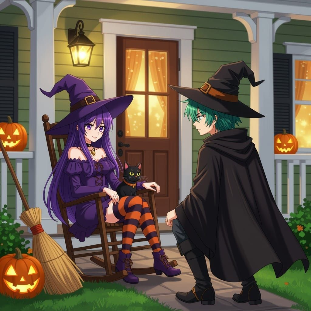 Anime Witch and Cat on Porch with Visitor