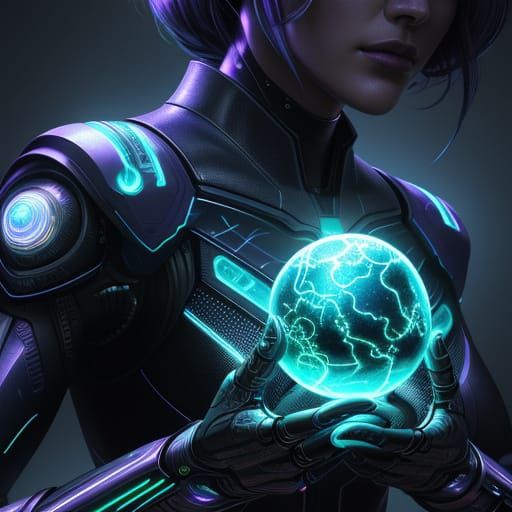 Female Robot Holding Glowing Orb in Sci-Fi Style