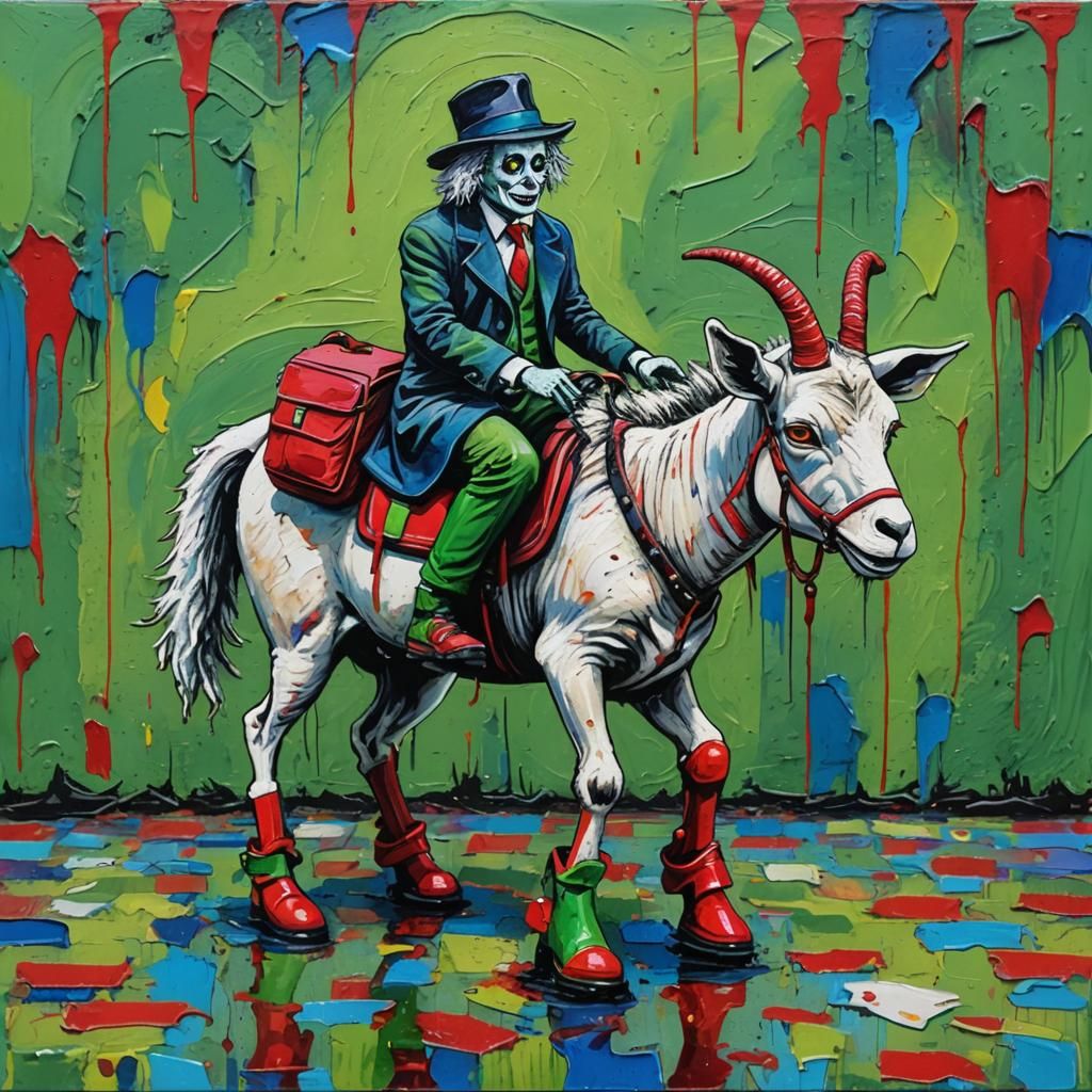 Beetlejuice Rides Goat in Acrylic Painting