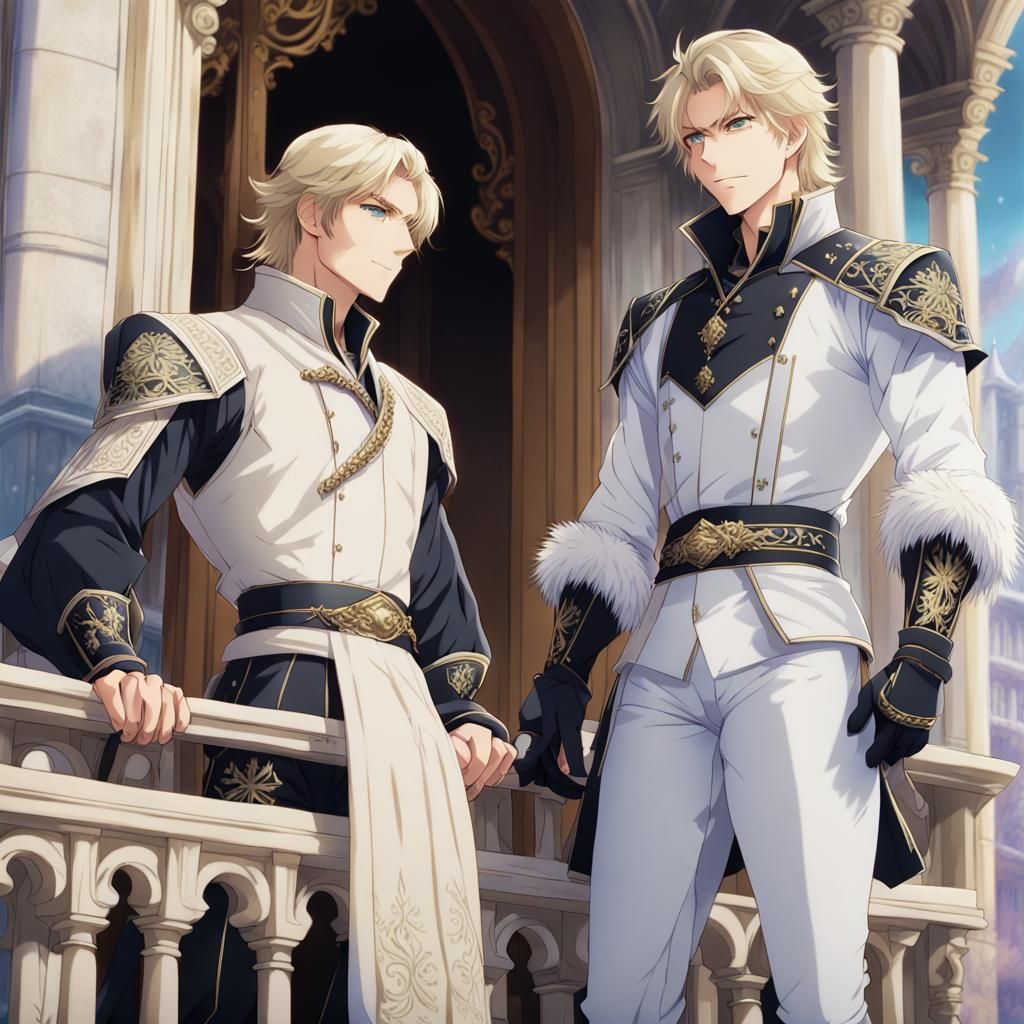 Two Winter White Shifter Males on a Palace Balcony in Anime....