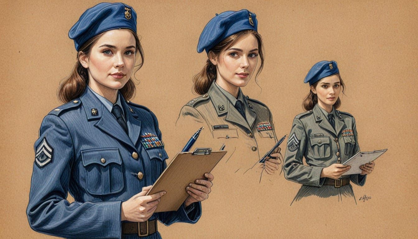 Military Woman in Uniform, Standing at Attention