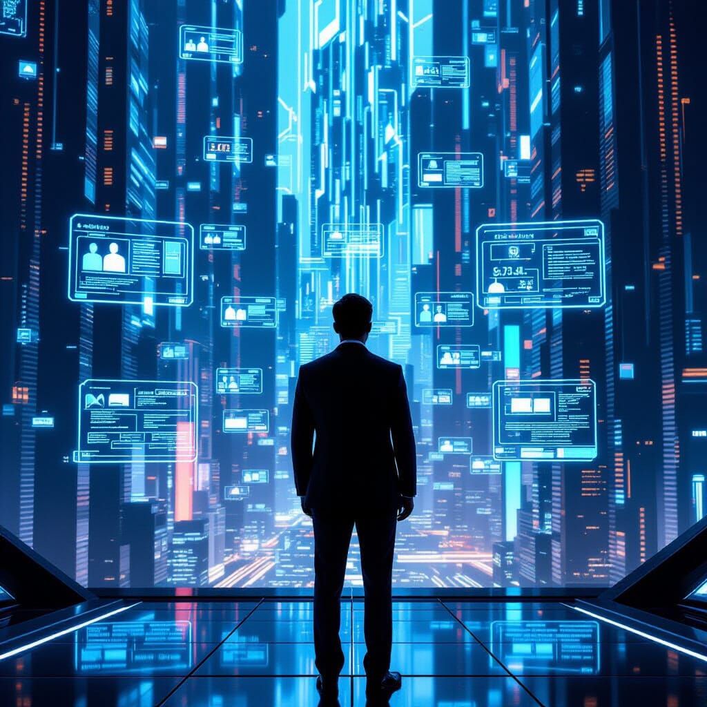 Futuristic Politician in Cyberpunk Cityscape