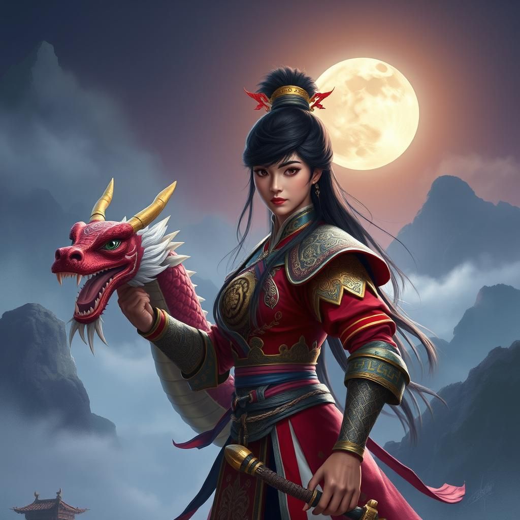 Mulan and Dragon in Dreamy Digital Painting