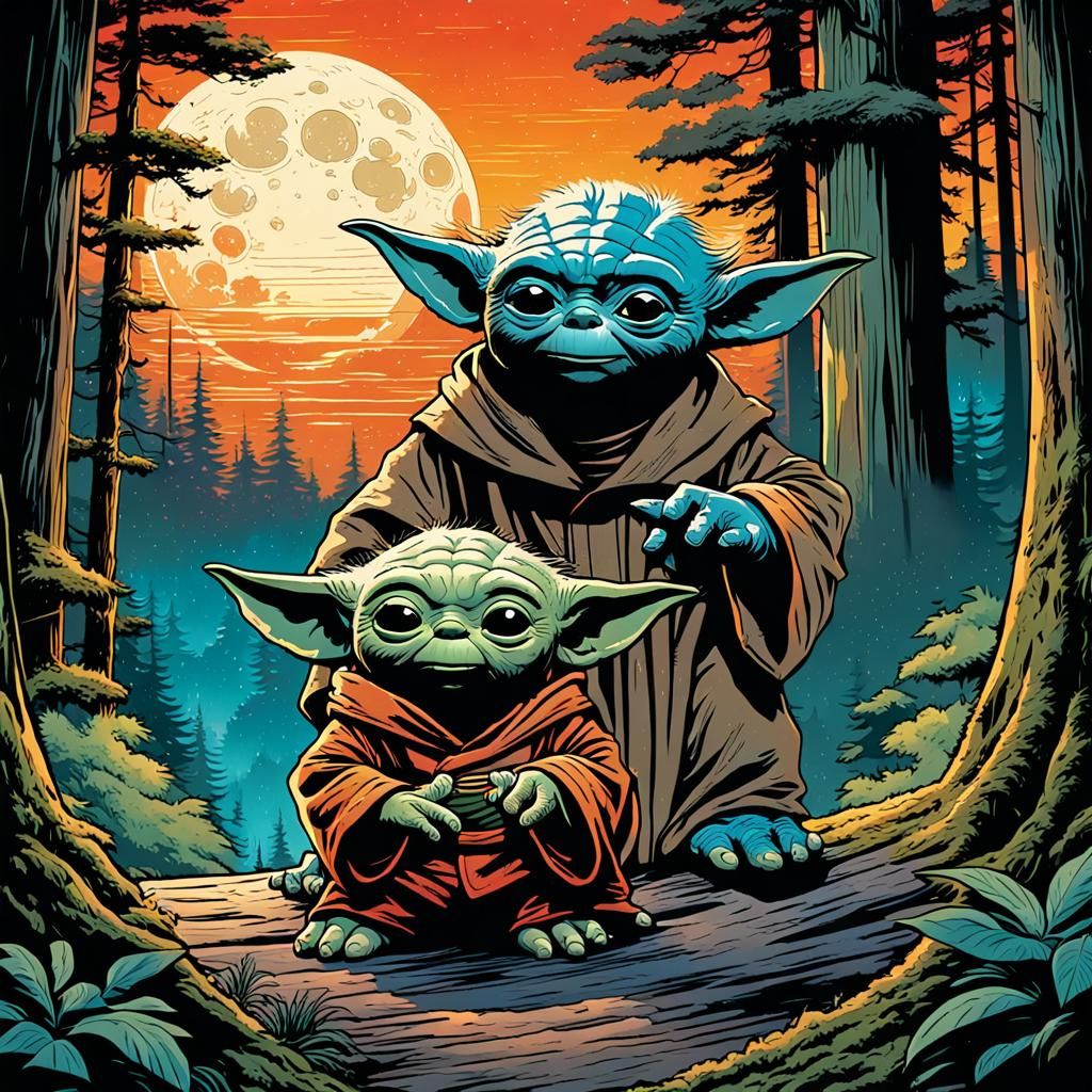 Grogu and Yoda on Endor in Comic Book Style