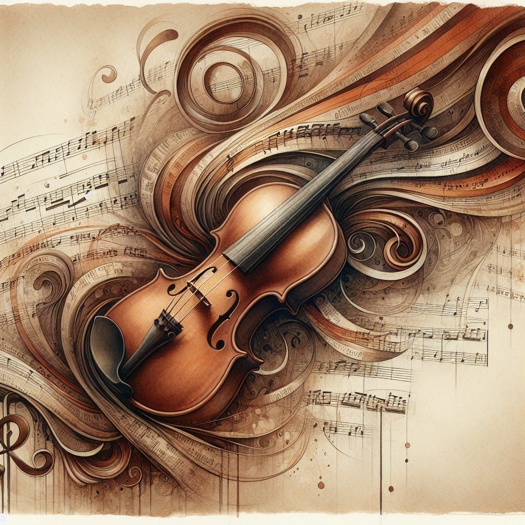 Violin with Flowing Sheet Music in Sepia Tones