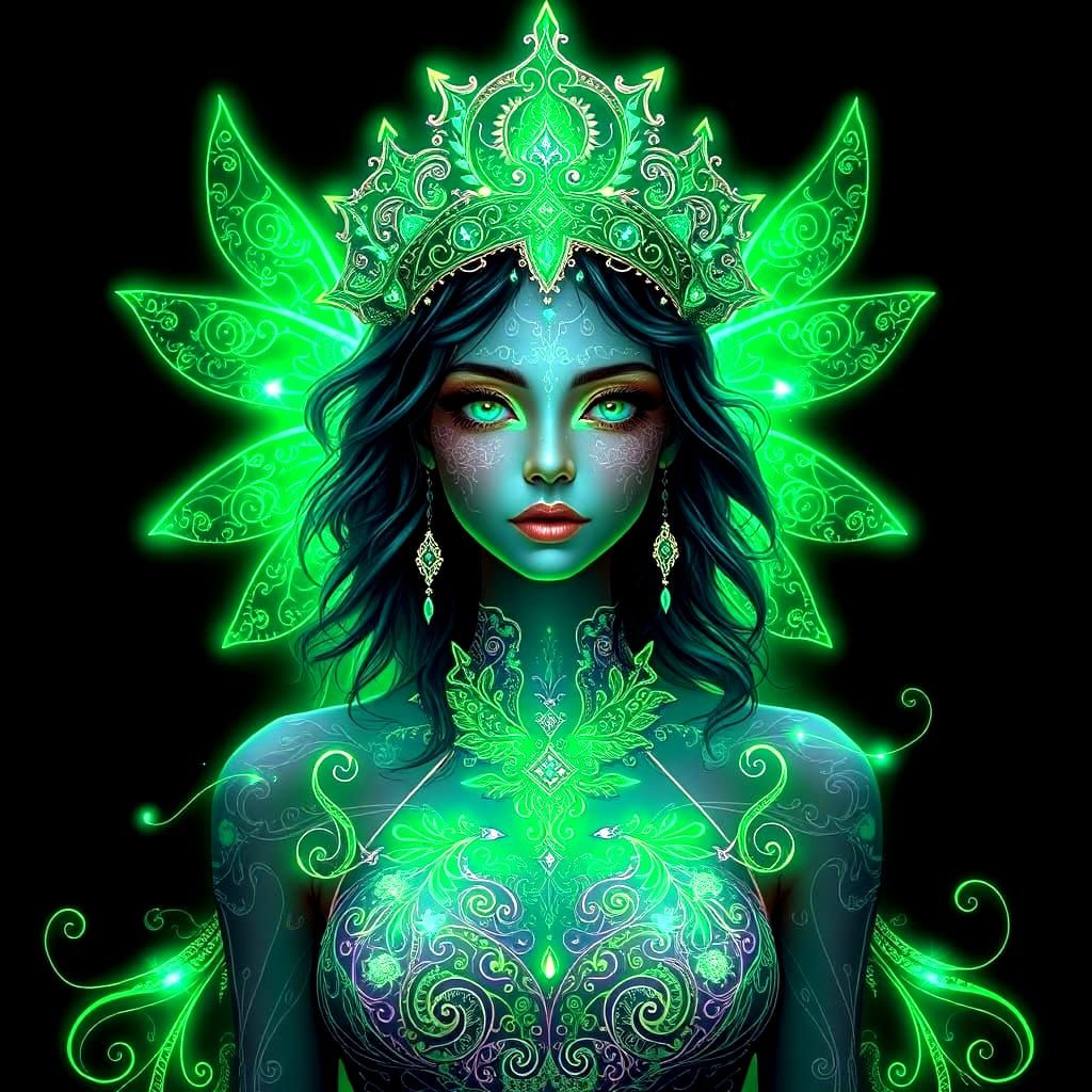 Ethereal Bioluminescent Maiden with Filigree Designs