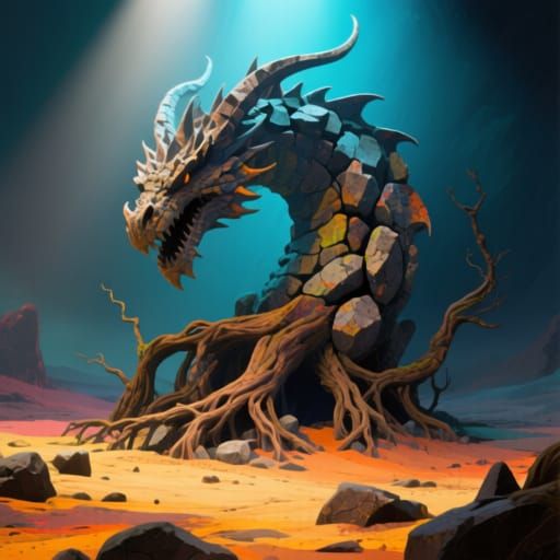 Colossal Earth Dragon Concept Art in Bold Collage Style