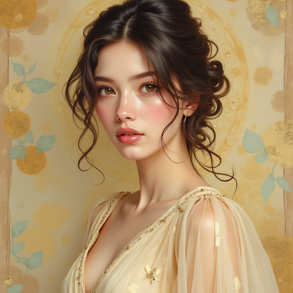 Elegant Woman with Amber Eyes in Klimt Style