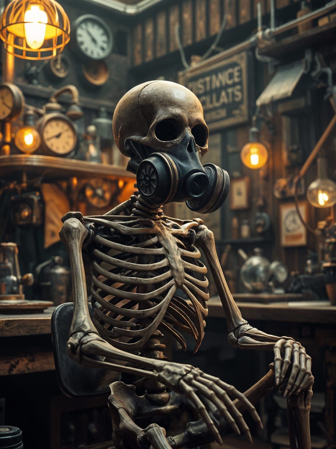 Skeleton in Gas Mask in Vintage Workshop