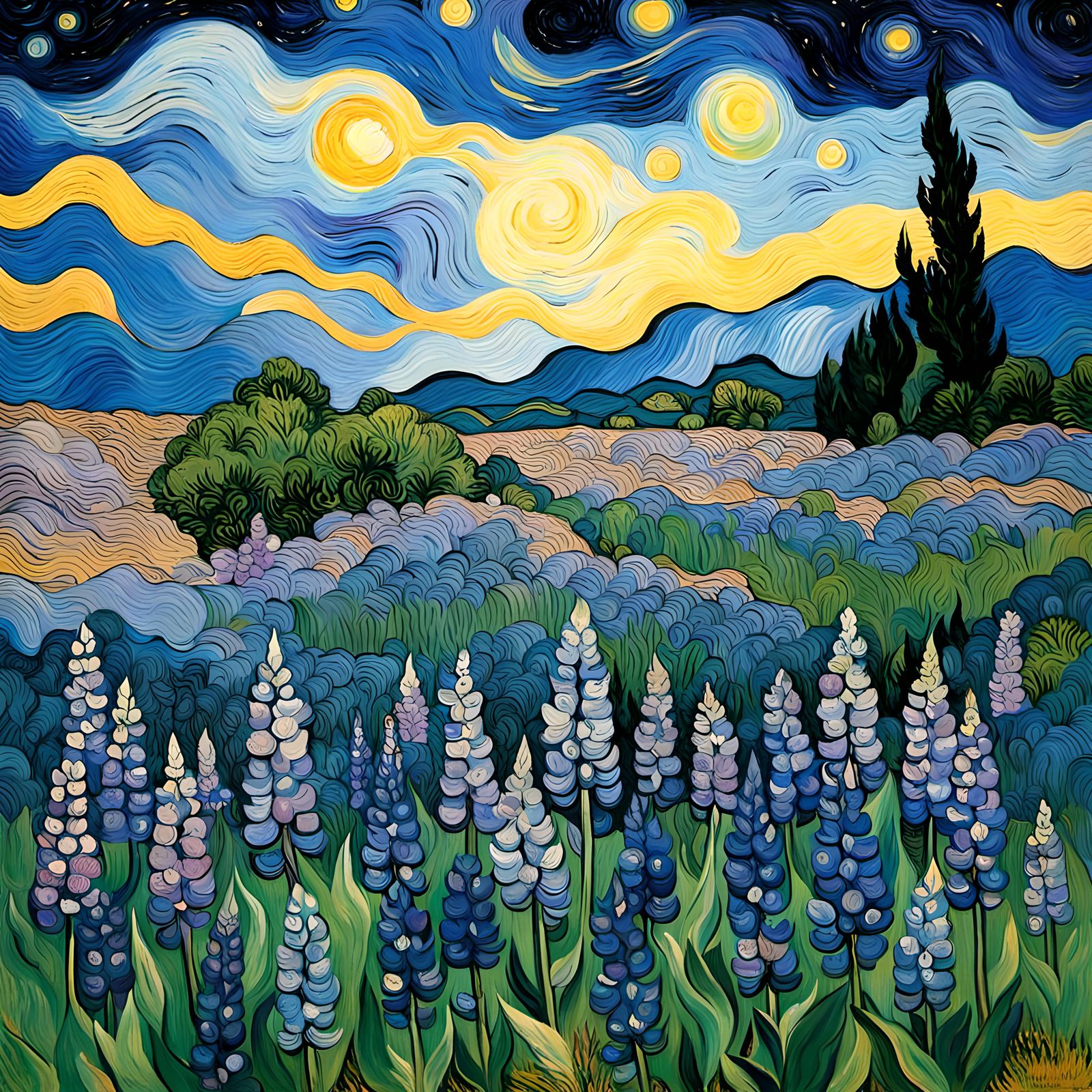Lupine Field Under Night Sky: Post-Impressionist Style