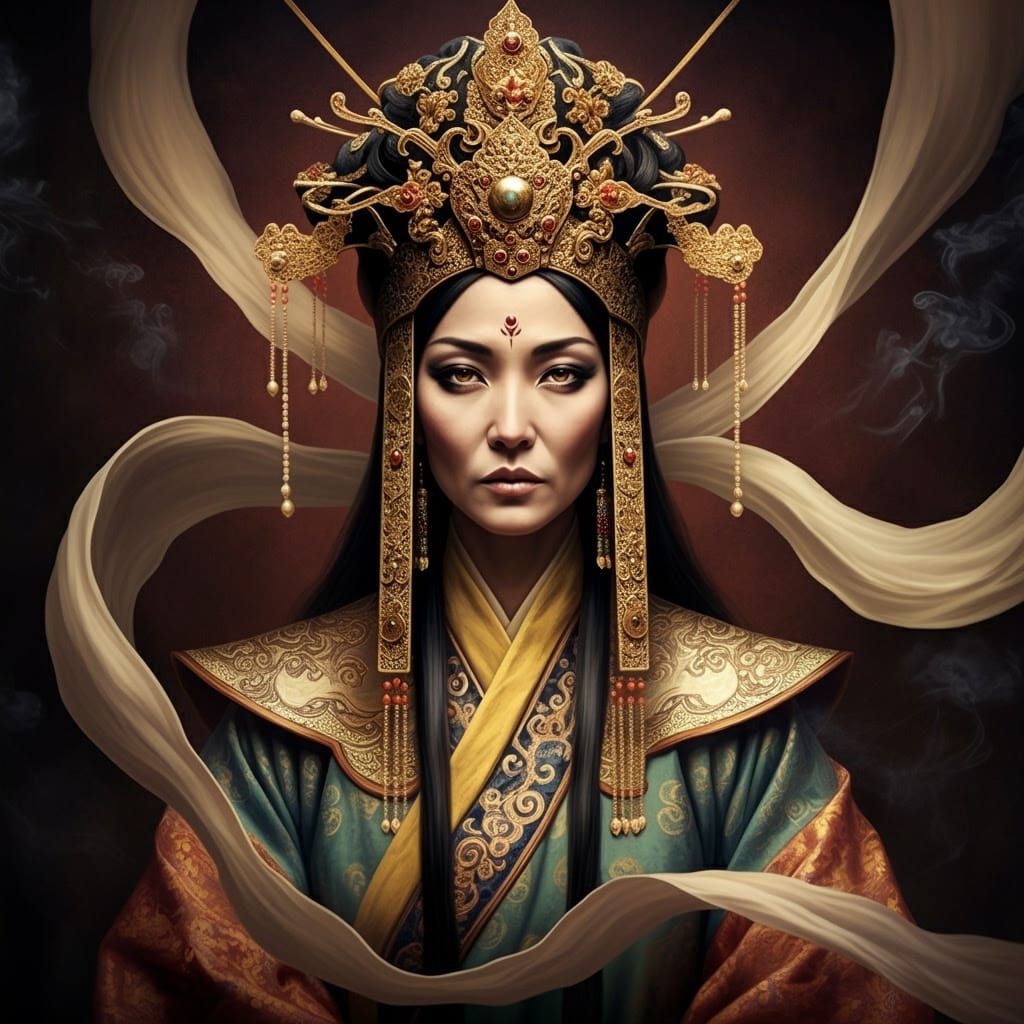 Mongolian Goddess Hoelun in Lavish Headdress and Ornate Robe...