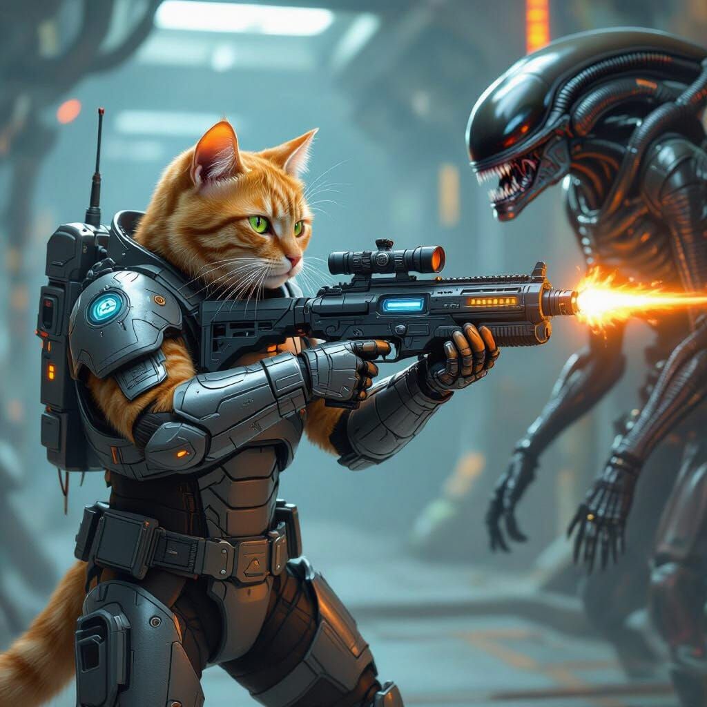 Tabby Cat in Exosuit Battles Alien Xenomorph