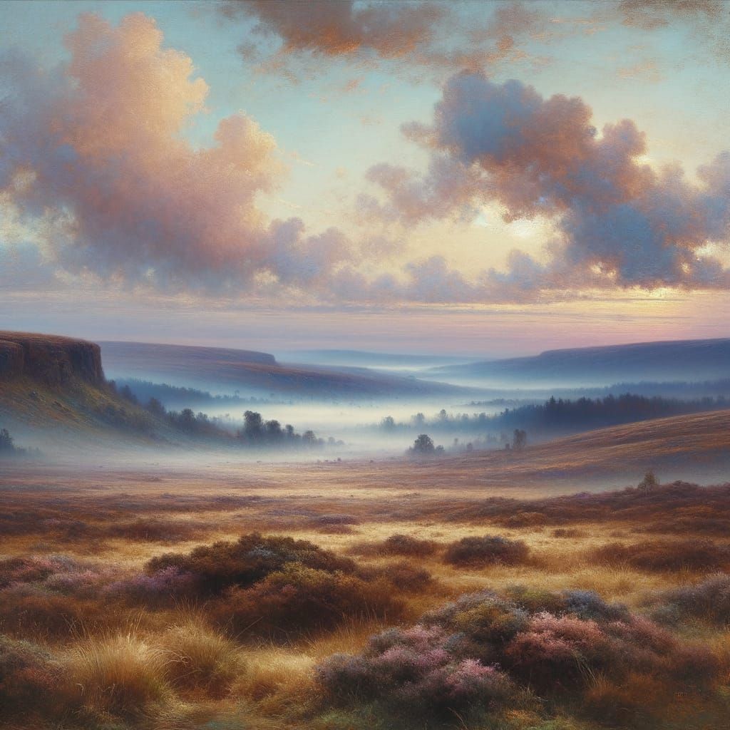Misty Moorland Evening in Realistic Oil Painting Style