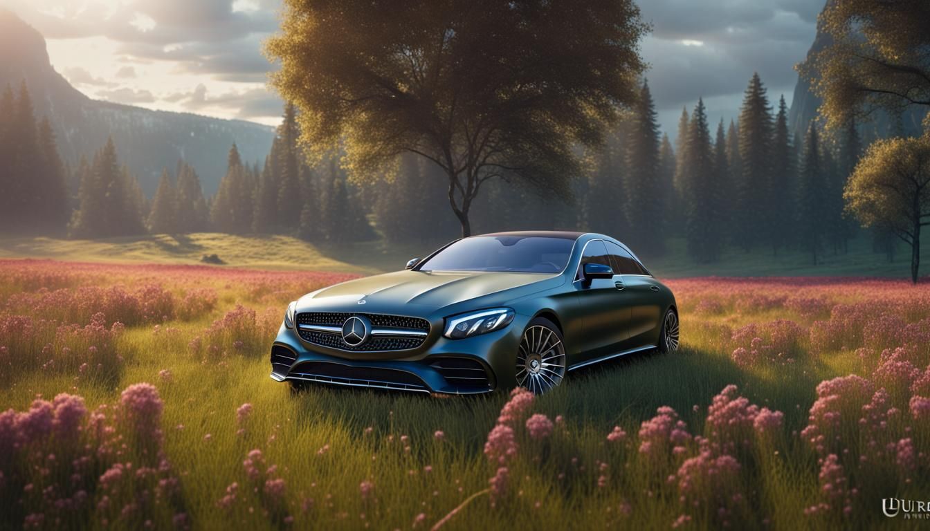 Mercedes Benz in Meadow: Detailed Matte Painting