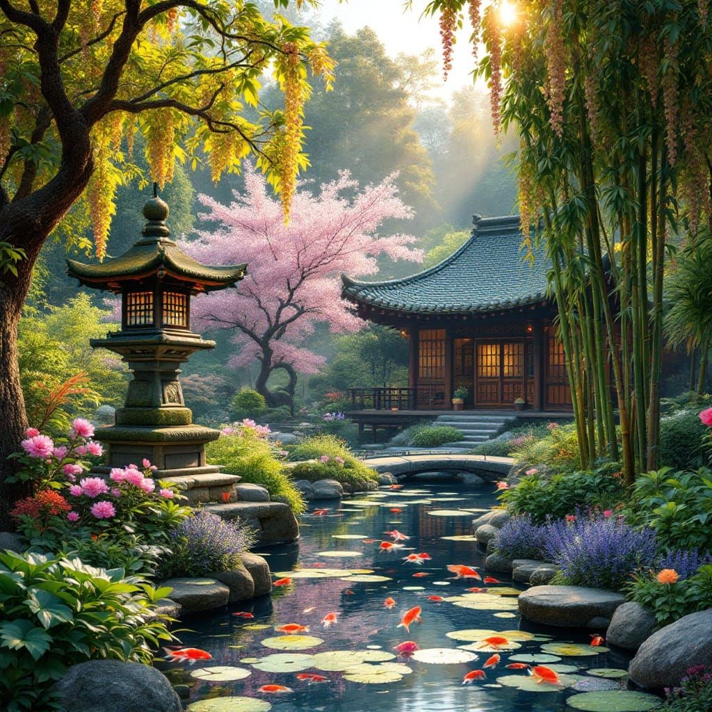 Serenely Shaded Japanese Garden Oasis Amidst Lush Vineyard