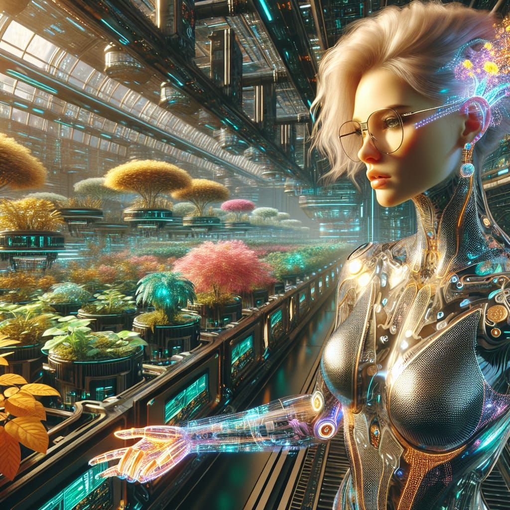 Cybernetic Garden: Woman in Futuristic Space Station