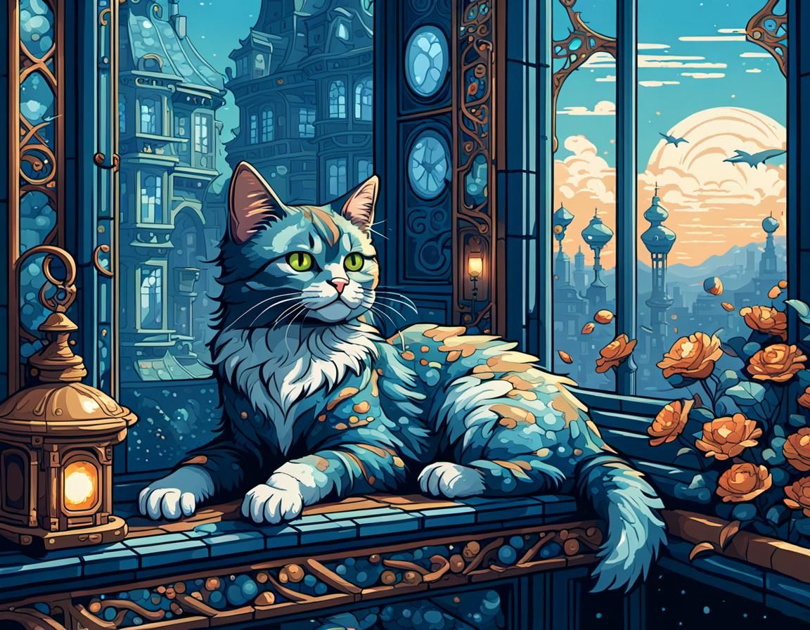 Pixel Art Cat Sleeping by Steampunk Window