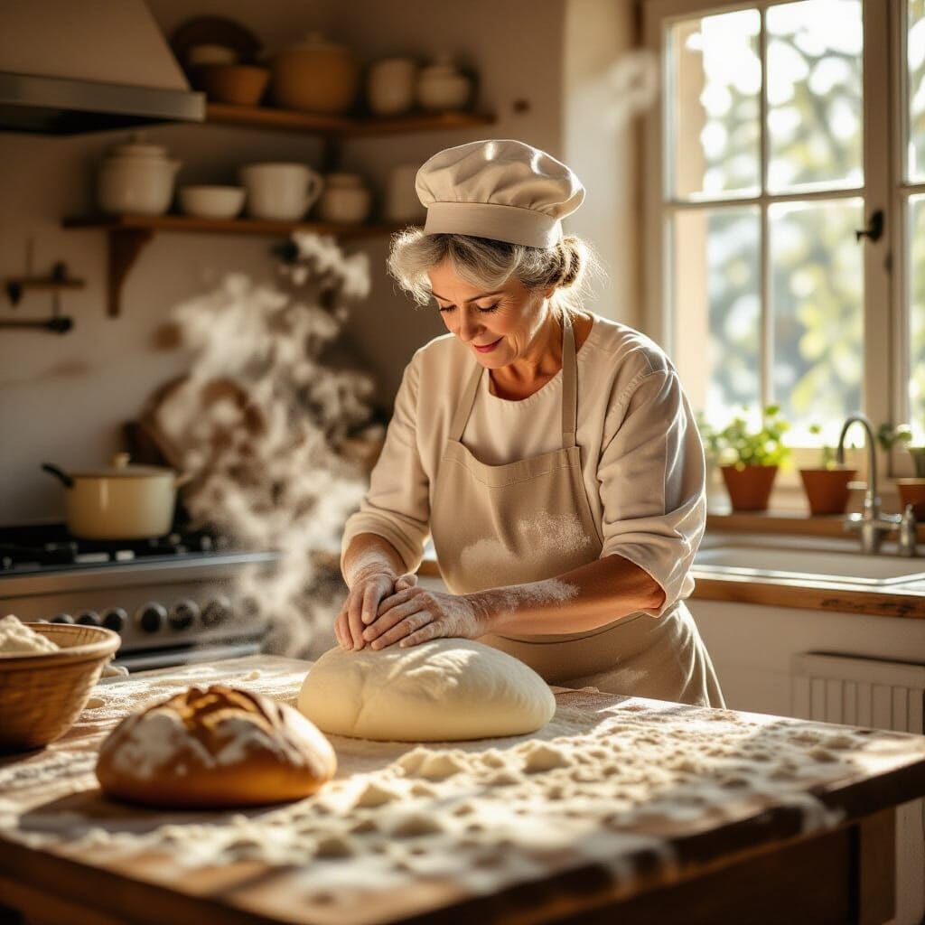 Baker Kneading Dough in Sunlit Rustic Kitchen, Impressionist...
