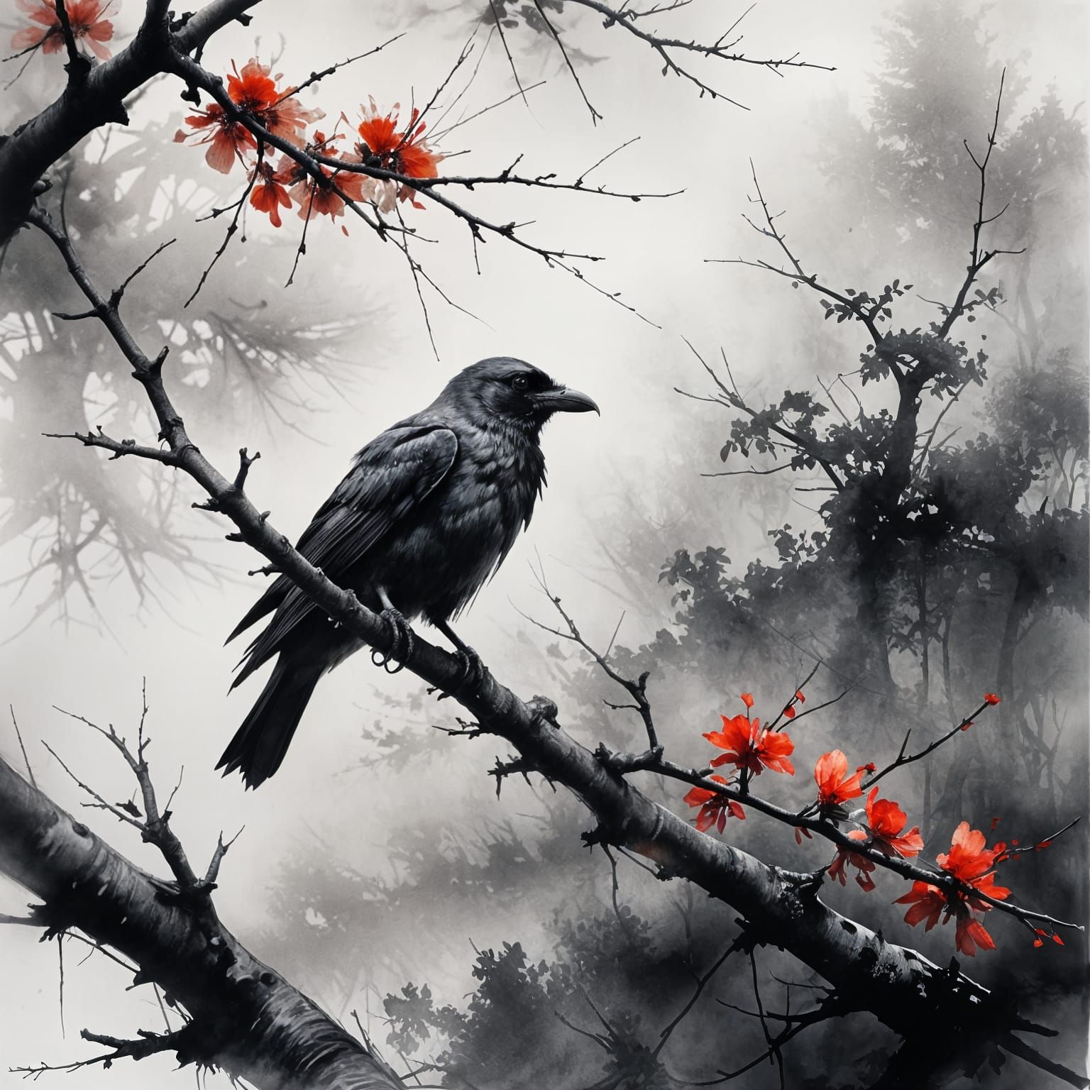 Melancholy Raven on Barren Sakura Tree in Ink Wash Style