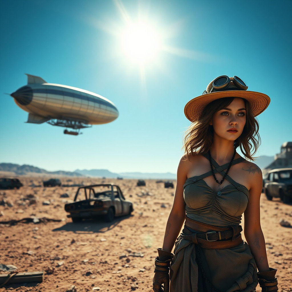 Steampunk Woman in Desert with Zeppelin